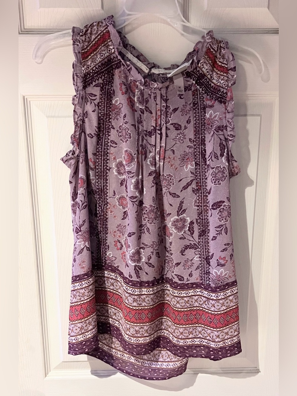 Knox Rose Lavender Floral Border Print Sleeveless Blouse Size Medium